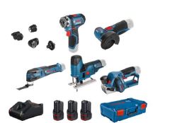 Bosch Blauw 5 Toolkit 12V - accuboor + haakse slijper + decoupeerzaag + schaafmachine + multitool 12V 2 x 2.0Ah/1 x 3.0Ah in XL-Boxx 0615A0017D