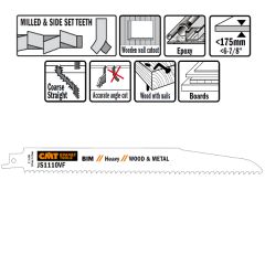 CMT JS1110VF-5 JS1110VF Reciprozaagbladen 5 stuks Bi-metaal 225mm x 1, 6 x 5-10TPI hout met nagels, metaal, hout, spaanplaat, glasvezelversterkte kunstof, epoxy, sloopwerken