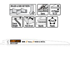CMT JS1111DF-5 JS1111DF Reciprozaagbladen 5 stuks Bi-metaal 225mm x 1, 25 x 6TPI hout met nagels, metaal, spaanplaat, glasvezelversterkte kunststof, epoxy.