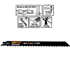 CMT JS1111K-5 JS1111K Reciprozaagbladen 5 stuks HCS 225mm x 1, 25 x 3TPI grof hout vrij van nagels, brandhout.