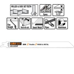 CMT JS1122VF-5 JS1122VF Reciprozaagbladen 5 stuks Bi-metaal 225mm x 0, 9 x 10-14TPI hout met nagels, metaal, metalen platen, glasvezelverstekte kunststof, epoxy, aluminium profielen.