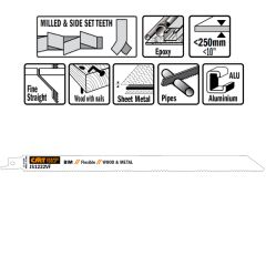 CMT JS1222VF-5 JS1222VF Reciprozaagbladen 5 stuks Bi-metaal 300mm x 0, 9 x 10-14TPI Toepassing: hout met nagels, metalen platen, aluminium profielen (3-10mm), kunstof, glasvezel, epoxy.