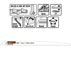 CMT JS1411DF-5 JS1411DF Reciprozaagbladen 5 stuks Bi-metaal 300mm x 1, 25 x 6TPI hout met nagels, metaal, spaanplaat, glasvezelversterkte kunstof, epoxy.