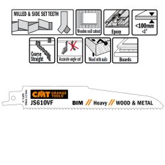 CMT JS610VF-5 JS610VF Reciprozaagbladen 5 stuks Bi-metaal 150mm x 1, 6 x 3.2-5TPI hout met nagels, metaal, hout, spaanplaat, glasvezelversterkte kunstof, epoxy, sloopwerken.