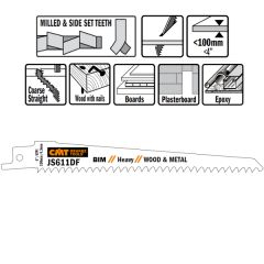 CMT JS611DF-5 JS611DF Reciprozaagbladen 5 stuks Bi-metaal 150mm x 1, 25 x 6 TPI Toepassing: hout met nagels, metaal, spaanplaat, kunstofprofielen, met glasvezelversterkte kunststof, epoxy, gipsplaat.