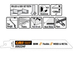 CMT JS922HF-5 JS922HF Reciprozaagbladen 5 stuks Bi-metaal 150mm x 0, 9 x 10TPI pallet reparaties, hout met nagels, metaal, metalen platen, buizen, aluminium profielen.