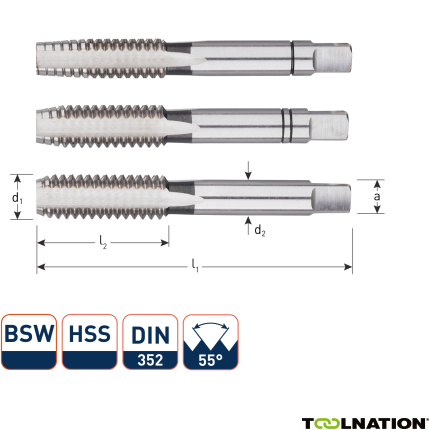 Rotec 306.0002 HSS Handtappenset 3-dlg DIN 352 BSW 3/32-48 - 1