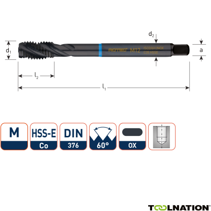 Rotec 331.1200C HSS-E INOX machinetap BL DIN 376C/40° M12x1,75 VAP - 1