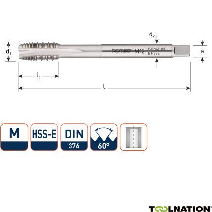 Rotec 333.1200 HSS-E UNI machinetap DL DIN 376B M12x1,75/onderbroken draad - 1