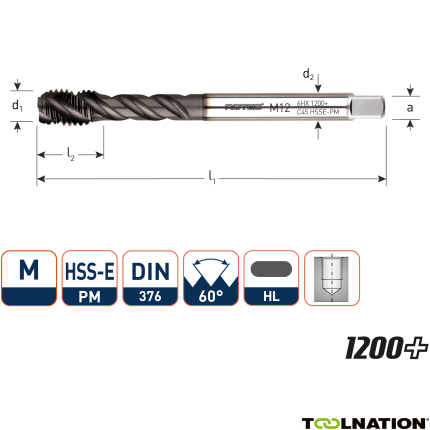 Rotec 336.1200C HSS-E PM 1200+ machinetap BL DIN 376C/45° M12x1,75 - 1