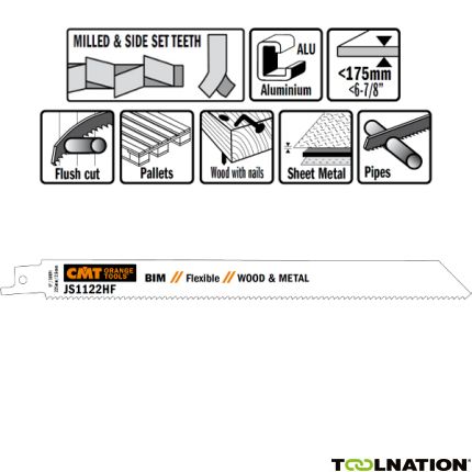 CMT JS1122HF-5 JS1122HF Reciprozaagbladen 5 stuks Bi-metaal 225mm x 0, 9 x 10TPI pallet reparaties, hout met nagels, metaal, metalen platen, buizen, aluminium profielen. - 1
