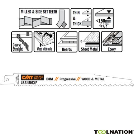 CMT JS3456XF-5 JS3456XF Reciprozaagbladen 5 stuks Bi-metaal 200mm x 1, 25 x 6-12TPI hout met nagels, metaal, metalen platen, spaanplaat, glasvezelverstekte kunststof, epoxy, aluminium profielen. - 1