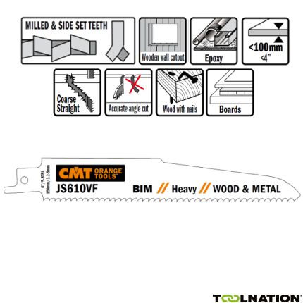 CMT JS610VF-5 JS610VF Reciprozaagbladen 5 stuks Bi-metaal 150mm x 1, 6 x 3.2-5TPI hout met nagels, metaal, hout, spaanplaat, glasvezelversterkte kunstof, epoxy, sloopwerken. - 1
