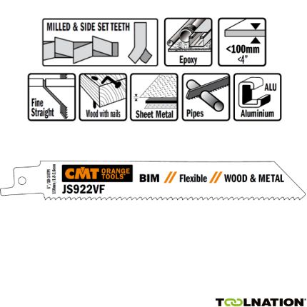 CMT JS922VF-5 JS922VF Reciprozaagbladen 5 stuks Bi-metaal 150mm x 0, 9 x 10-14TPI Toepassing: hout met nagels, metaal, buizen, aluminium profielen, glasvezelversterkte kunststof, epoxy. - 1